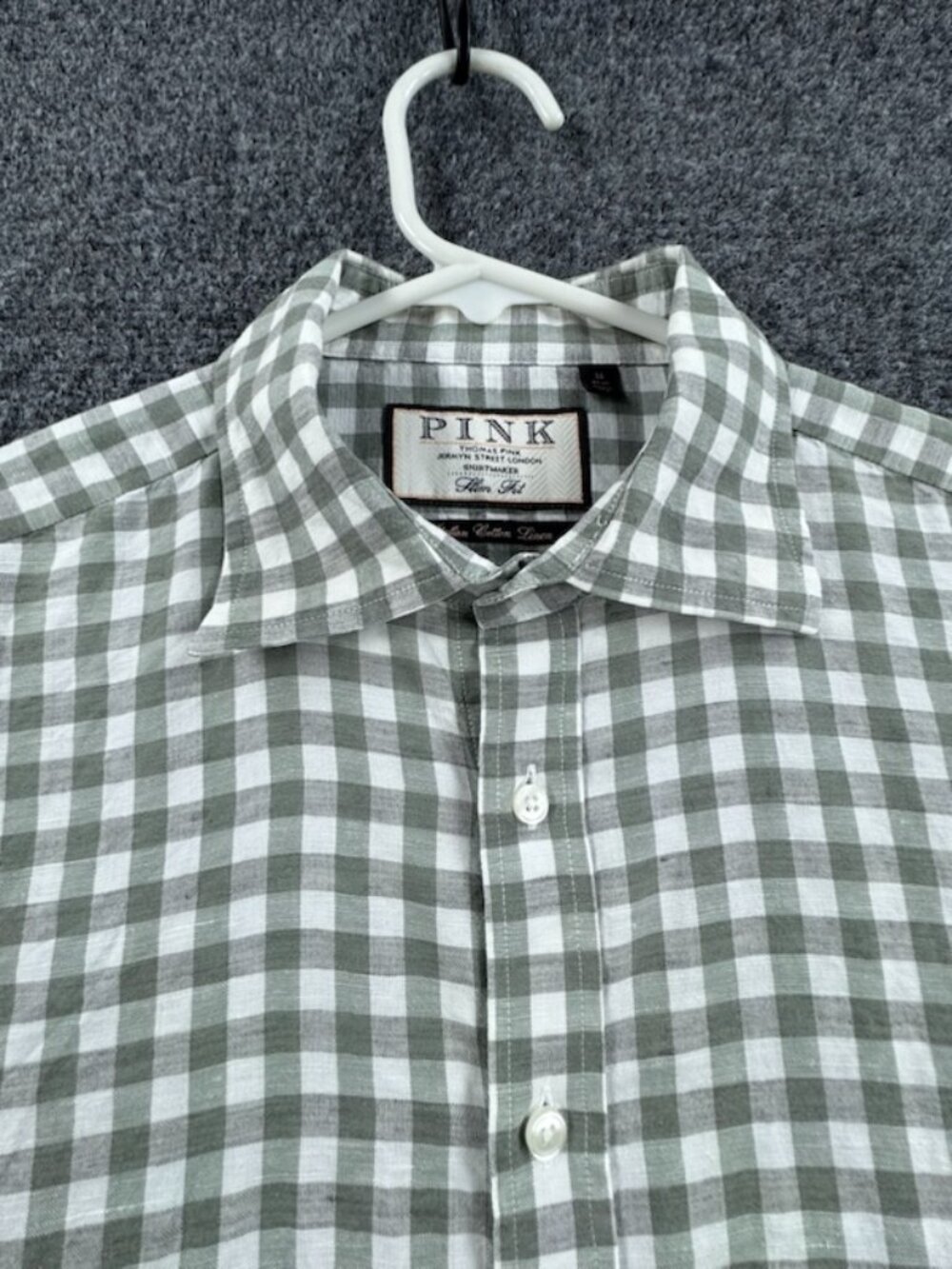 Thomas Pink Linen Cotton Check 16 Green Slim British Button Up Men Long Sleeve